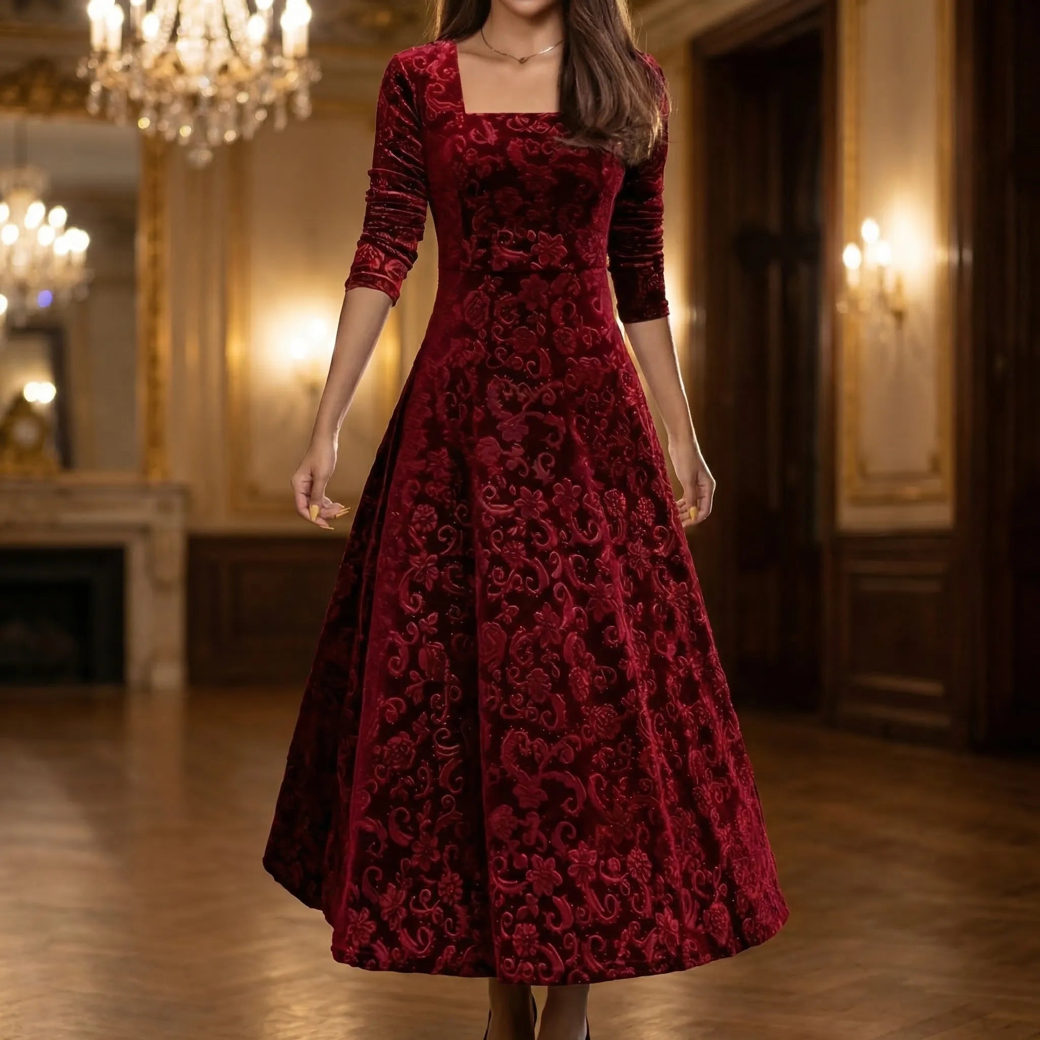 Velourna - Floral Embossed Formal Midi Dress