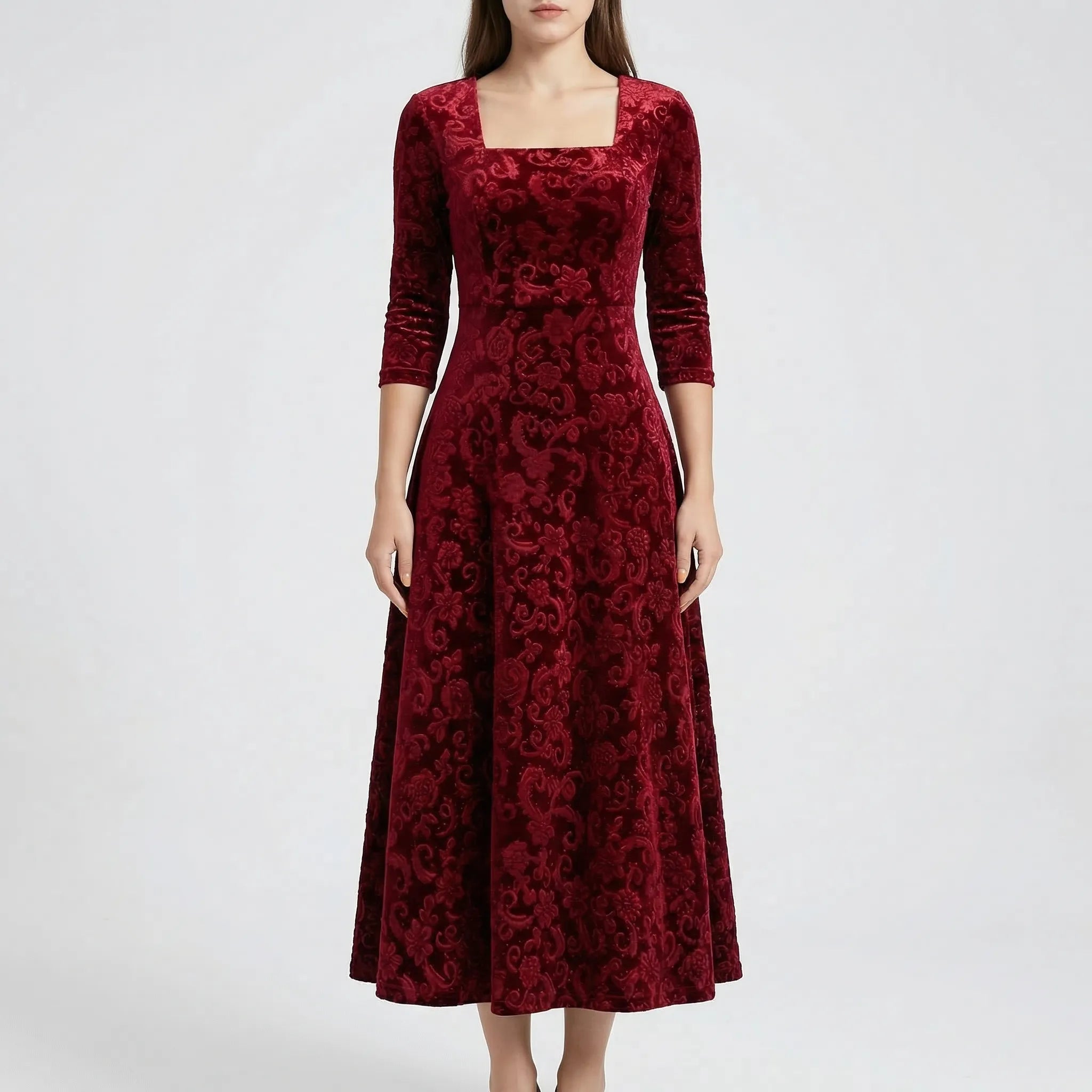 Velourna - Floral Embossed Formal Midi Dress
