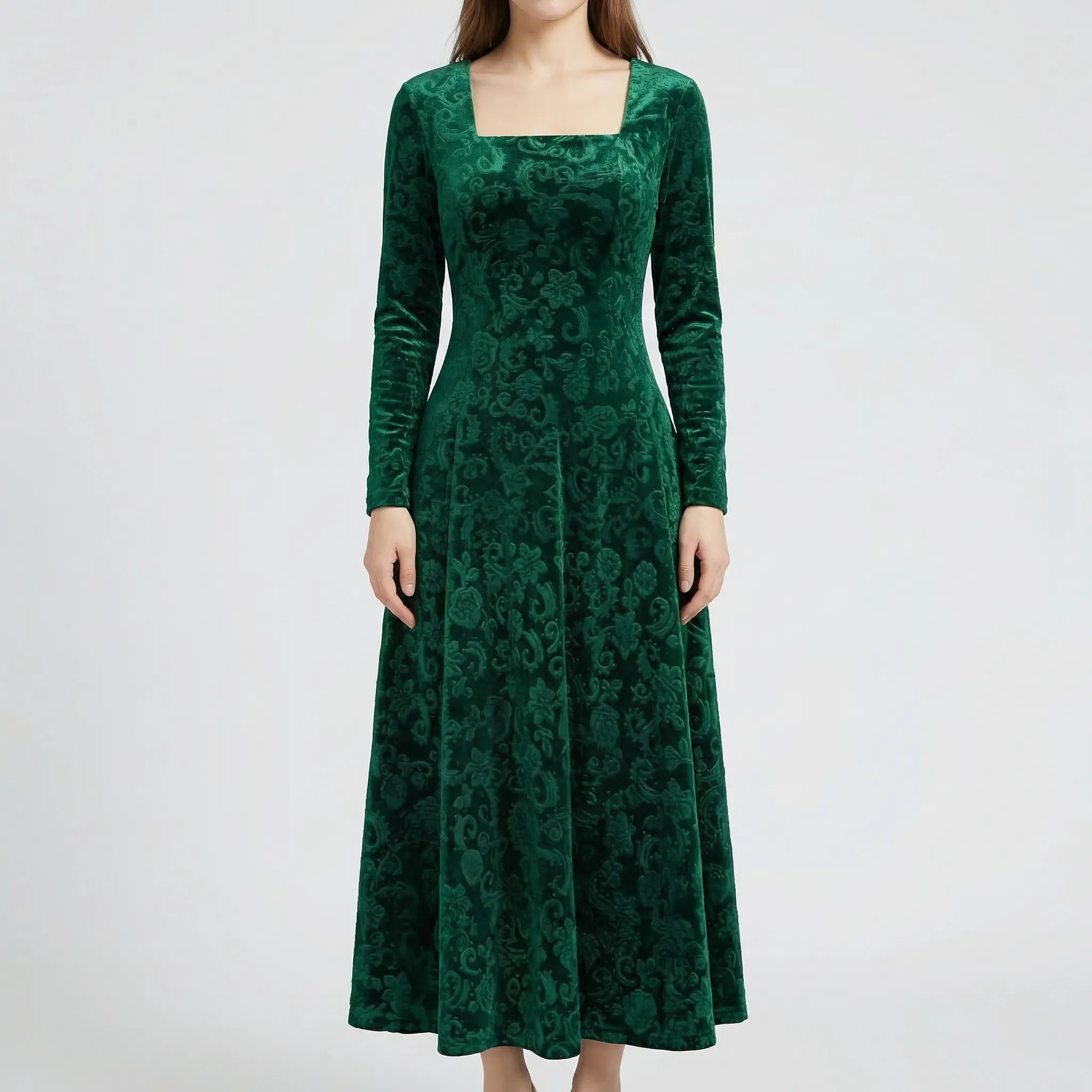 Velourna - Floral Embossed Formal Midi Dress