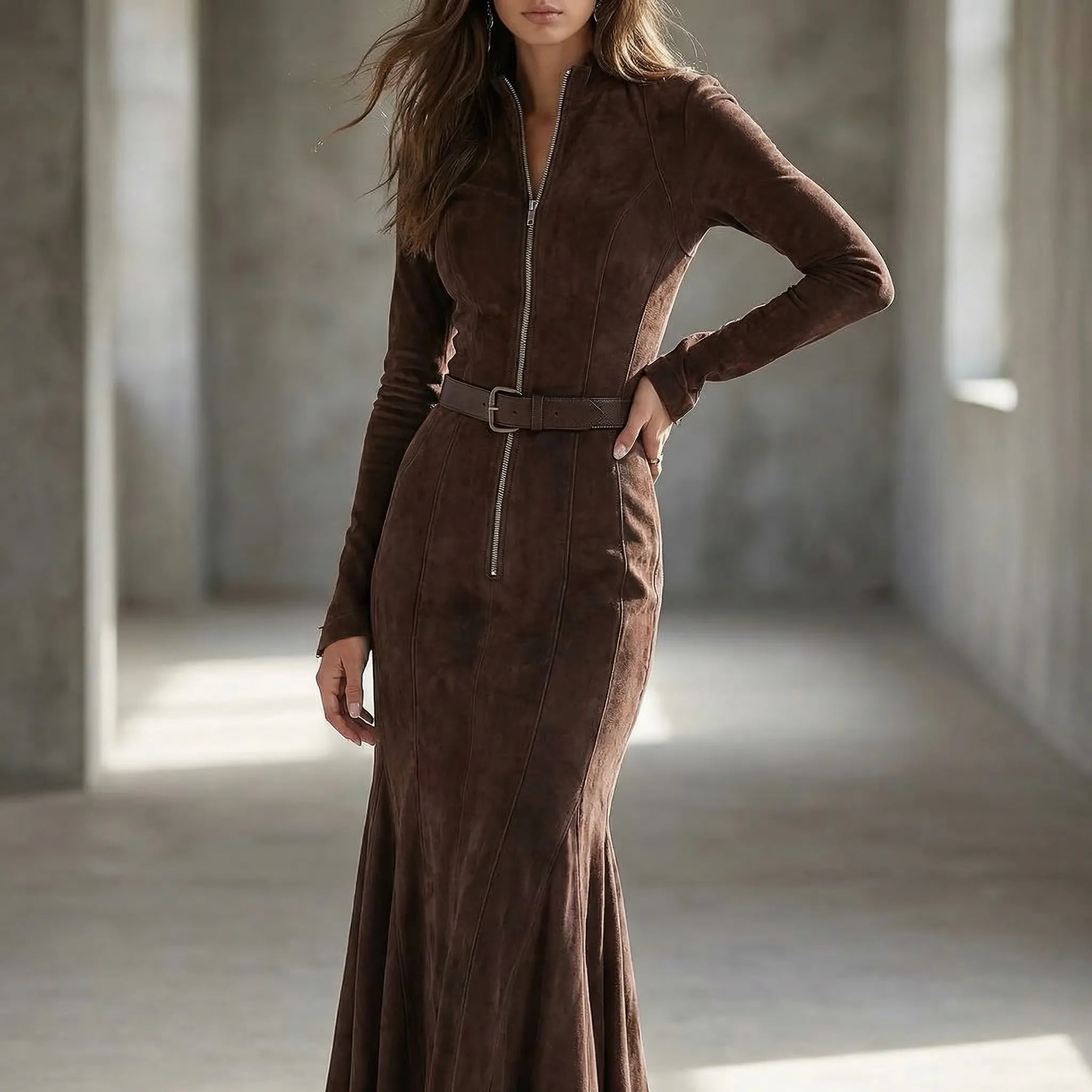 Velourra - Belted Maxi Dress With Side Split