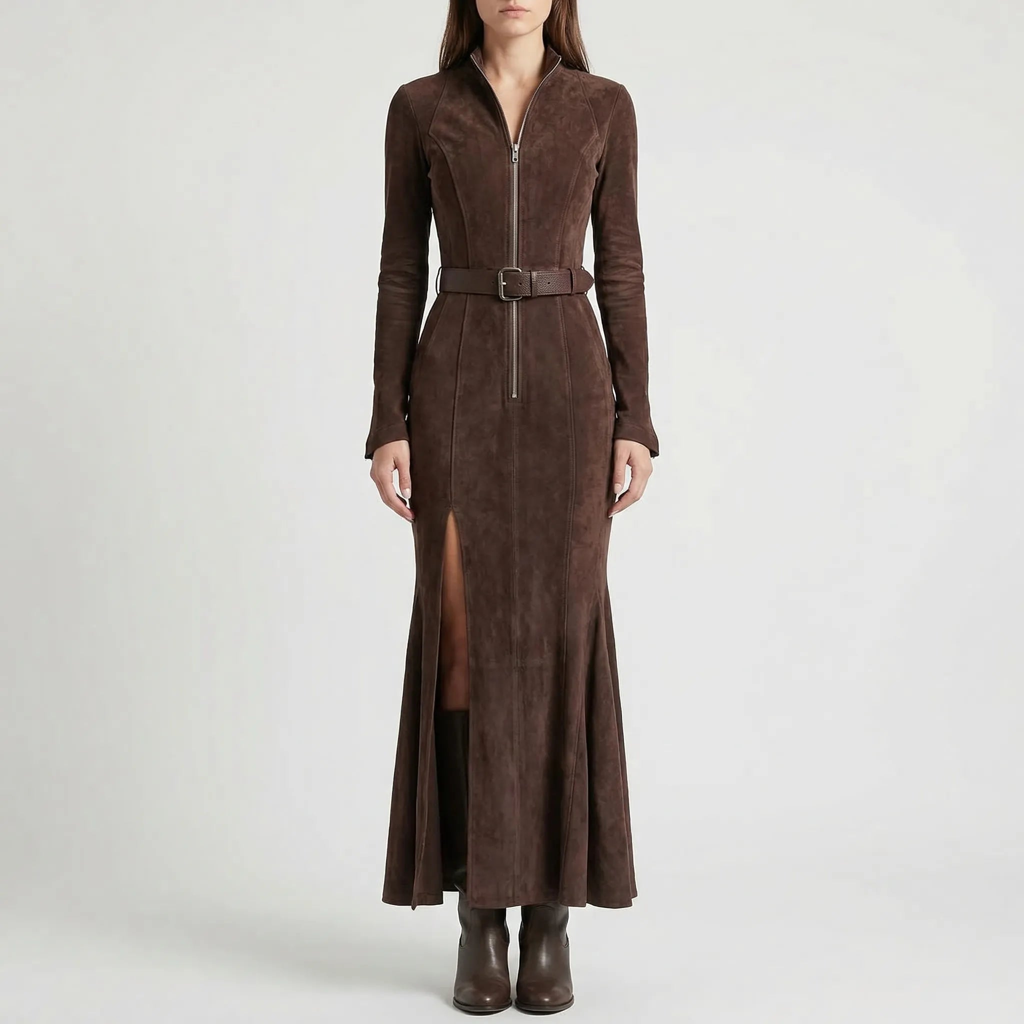 Velourra - Belted Maxi Dress With Side Split