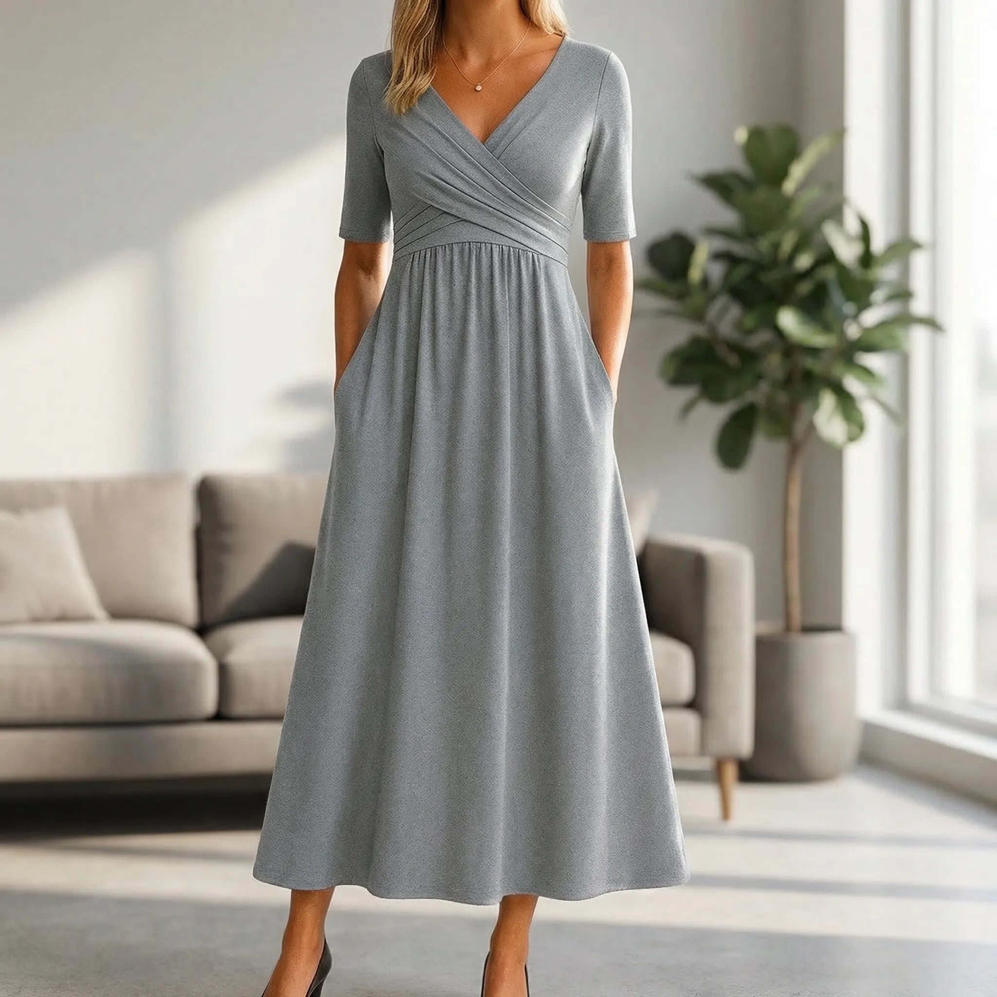 Veluria - V-Neck Wrap Style Midi Dress