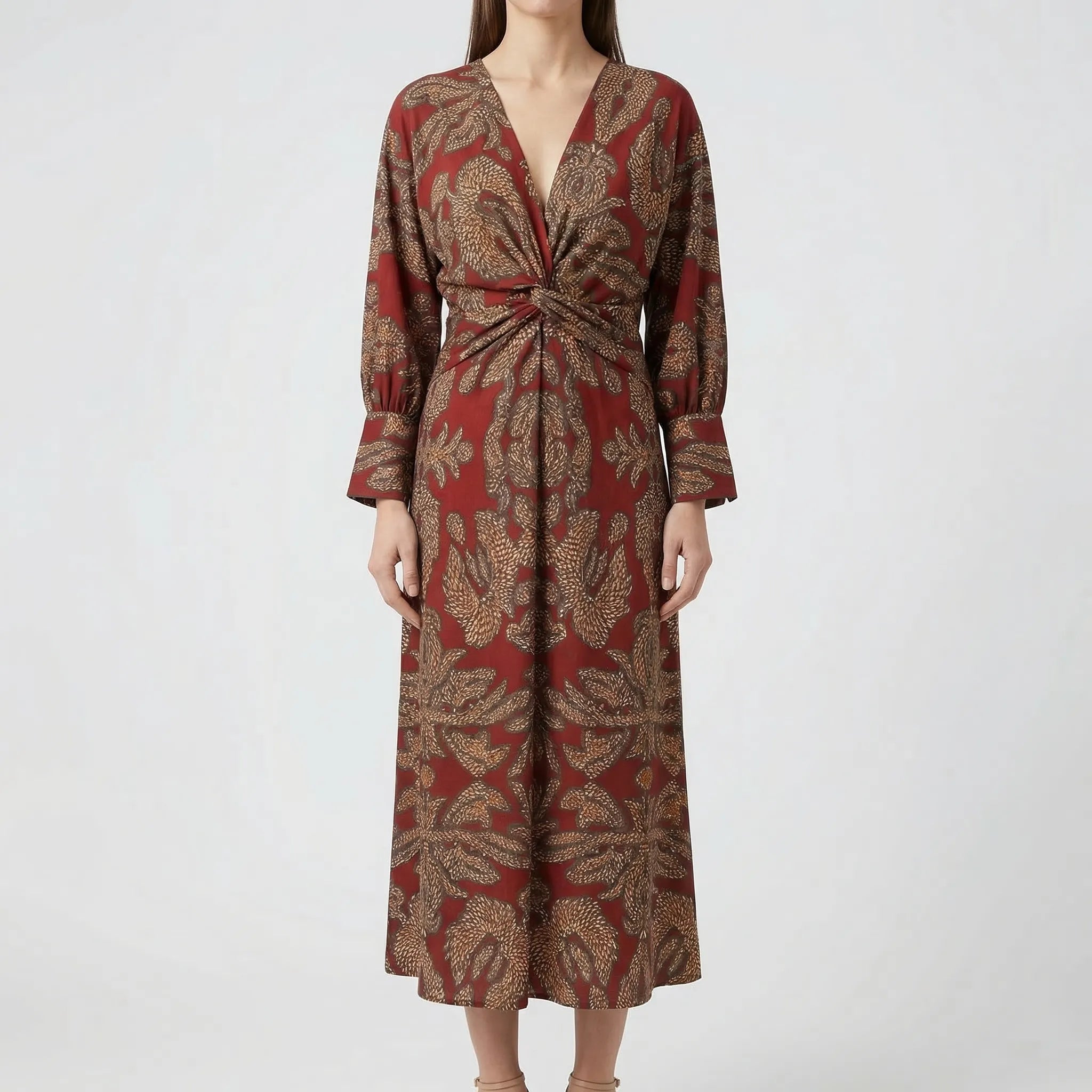 Velvoria - Long-Sleeved Artistic Print Midi Dress